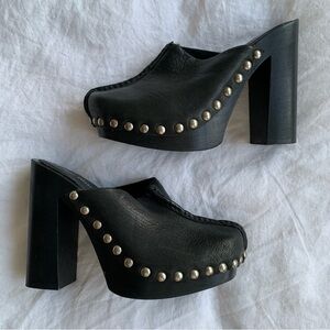 Vintage Miu Miu 1996 Leather Shearling Stud Clog Mule Heels Black